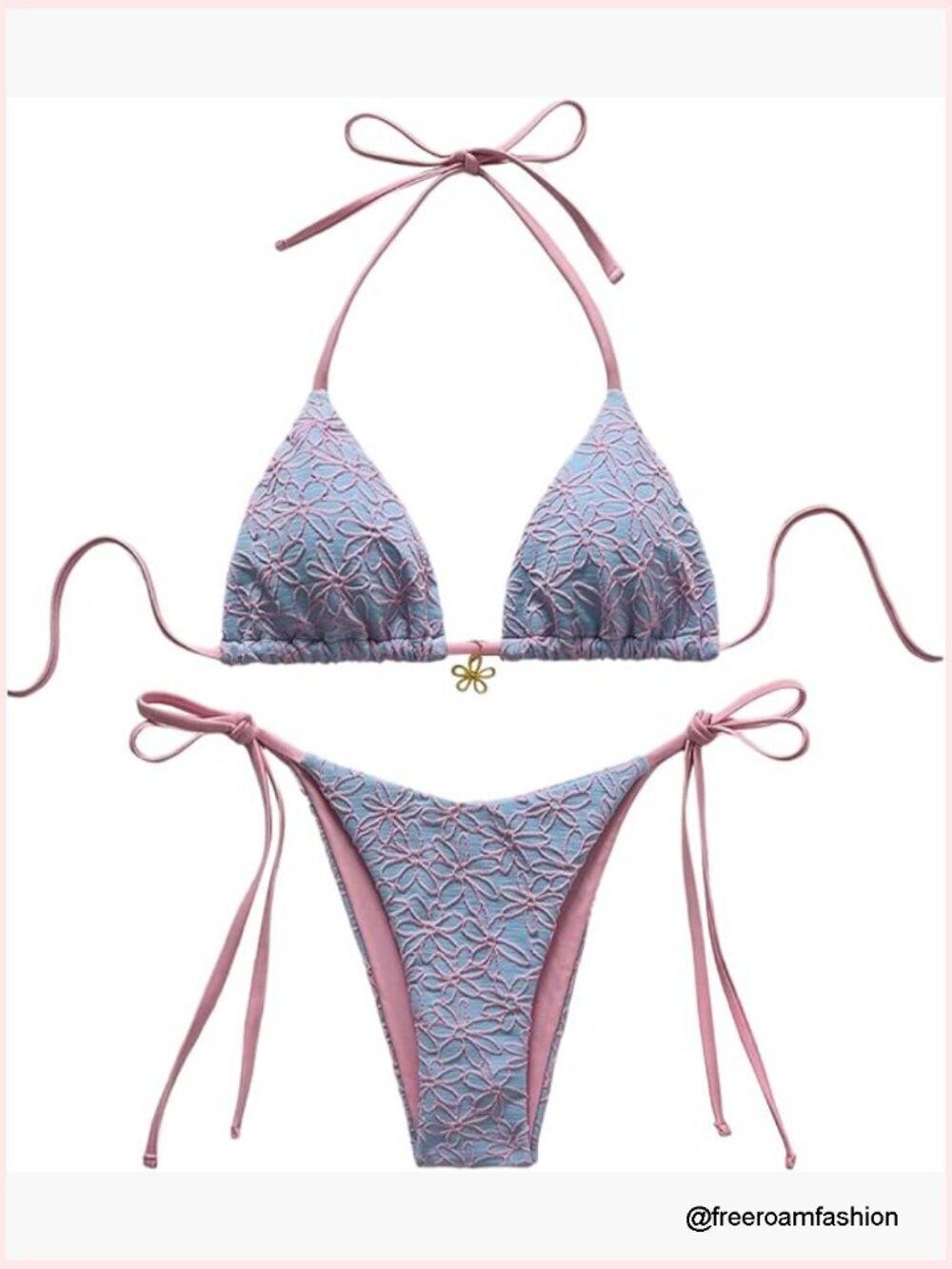 Floral Textured Halter Bikini Set with Tie Sides, High Cut Triangle Top